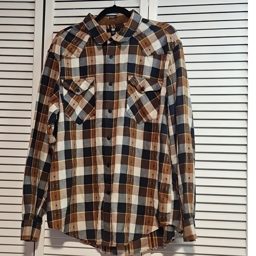 Frye Mens XL Western Plaid Flannel Shirt Brown Black Long Sleeve Button Down